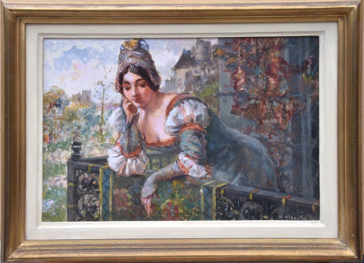 Henri Alberti "woman On The Balcony" Oil On Panel 24x33